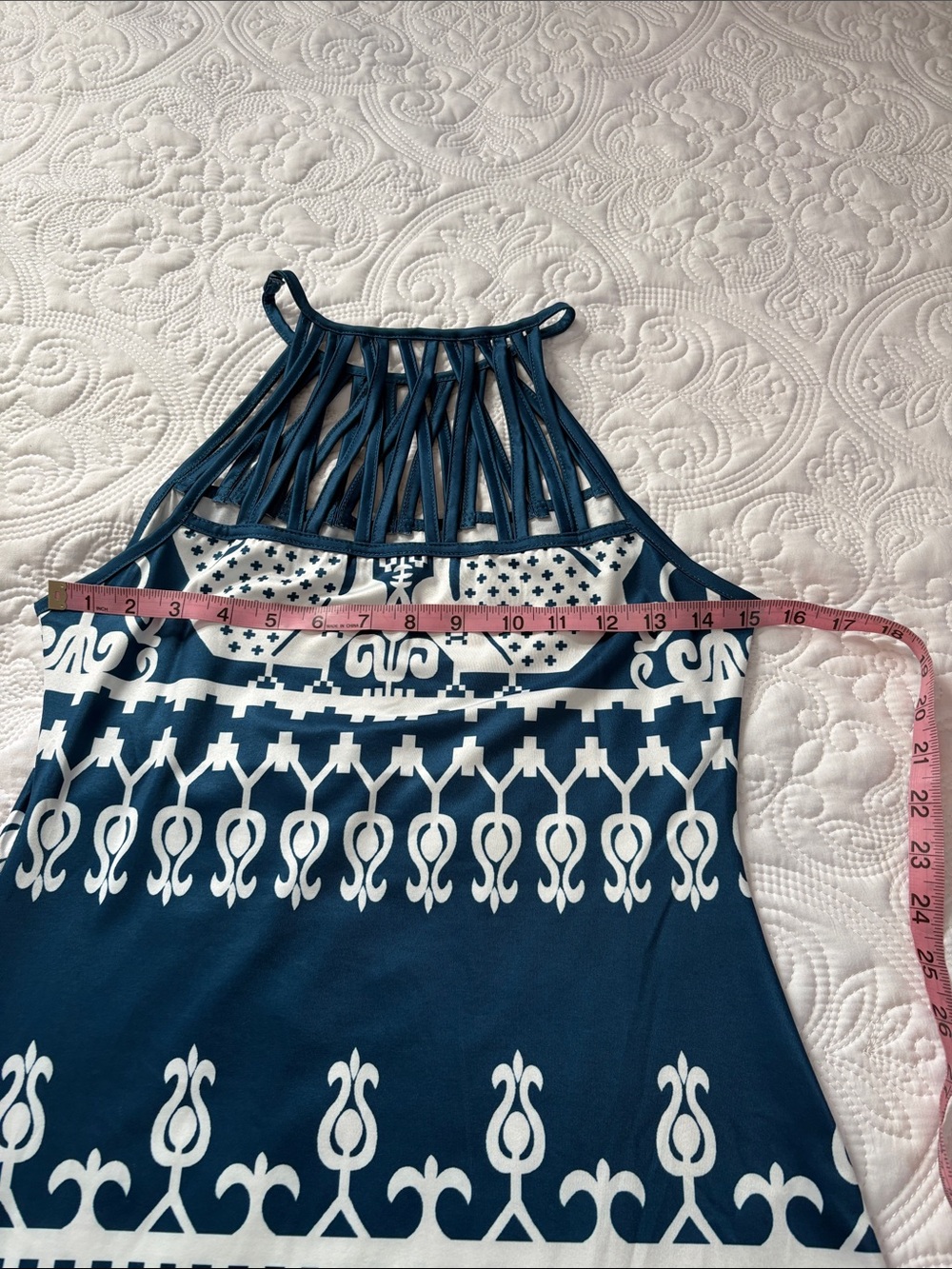 Sleeveless Navy and White Midi Dress with Lattice Neckline - Picture 4 of 5